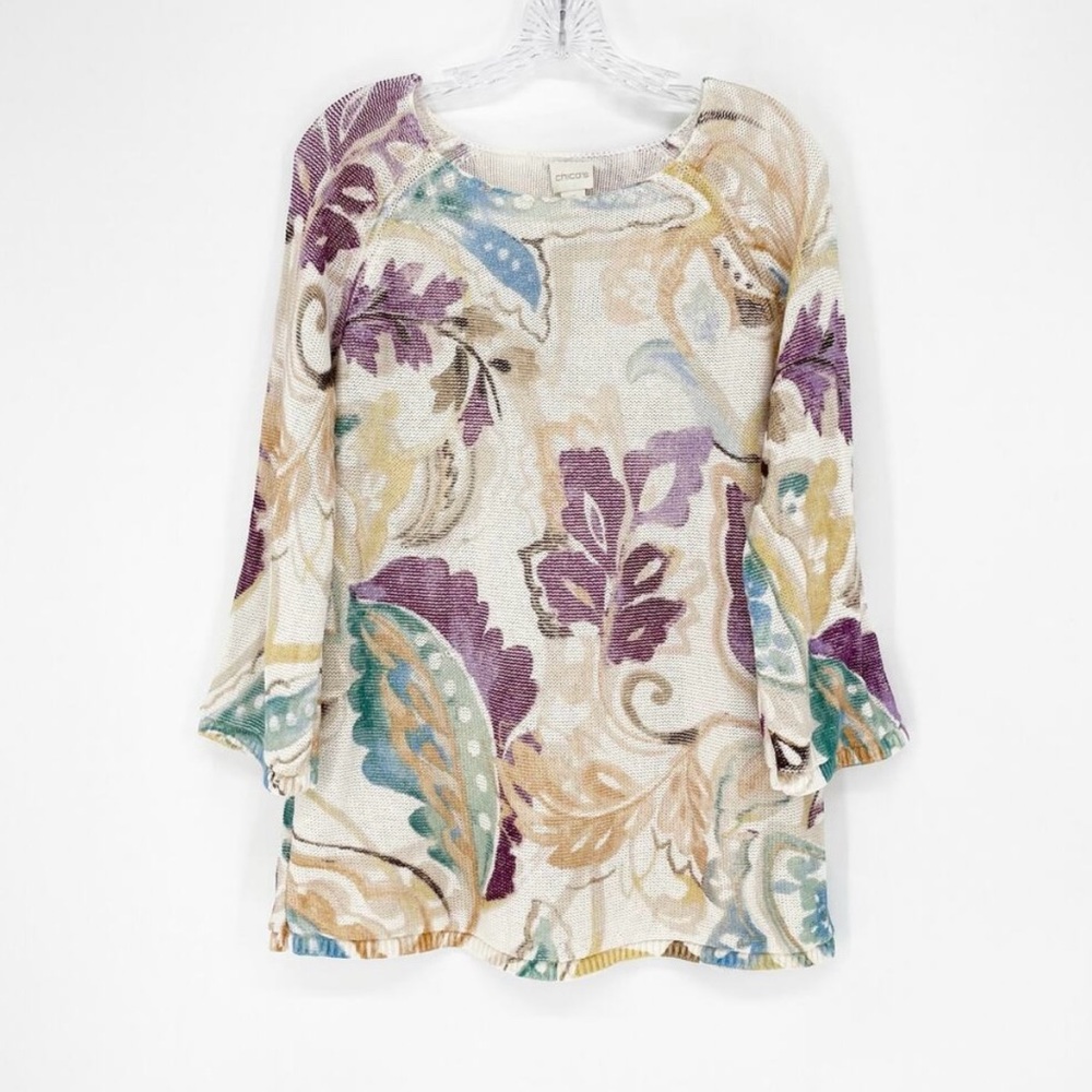 Chico's Floral Knit Flare 3/4 Sleeve Sweater -  Size 3 or XL. Multi Jewel Tones